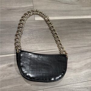 Zara Black Croc-Embossed Shoulder Bag with Gold Chain